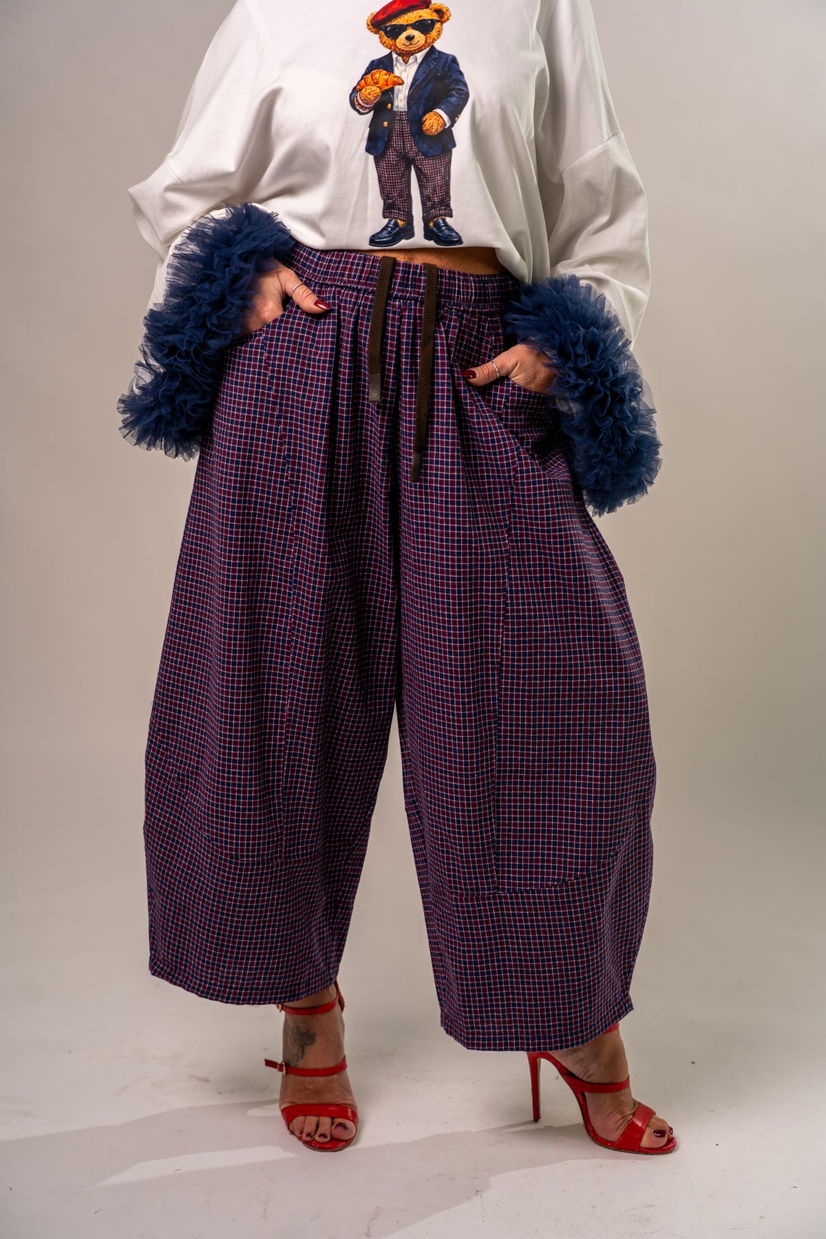 PANTALONE QUADRI TARTAN BLU!