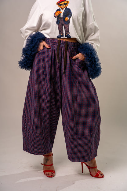 PANTALONE QUADRI TARTAN BLU!