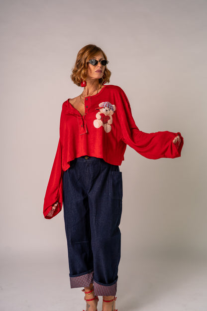 LONG SLEEVE TEDDY BOTTON RED❤️!