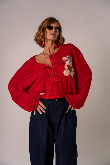 LONG SLEEVE TEDDY BOTTON RED❤️!