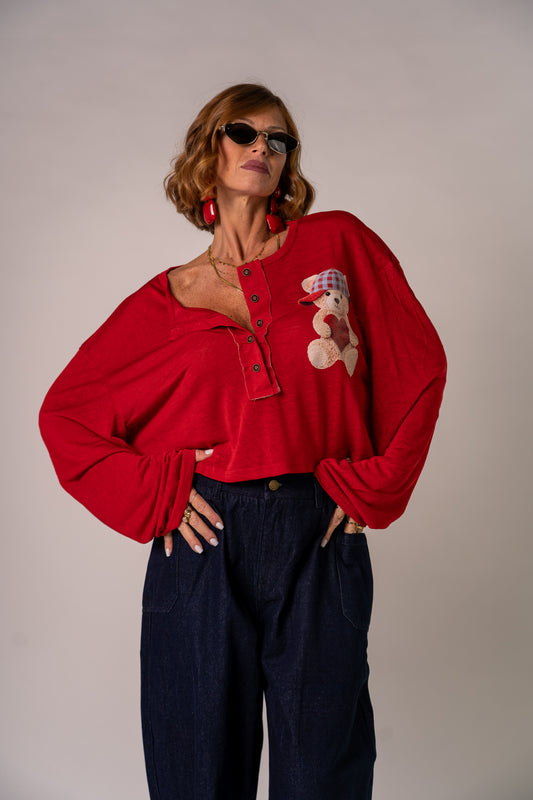 LONG SLEEVE TEDDY BOTTON RED❤️!