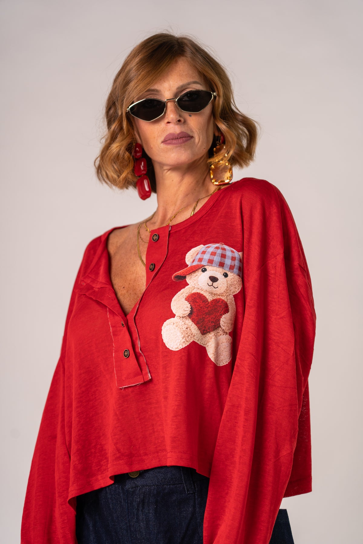 LONG SLEEVE TEDDY BOTTON RED❤️!