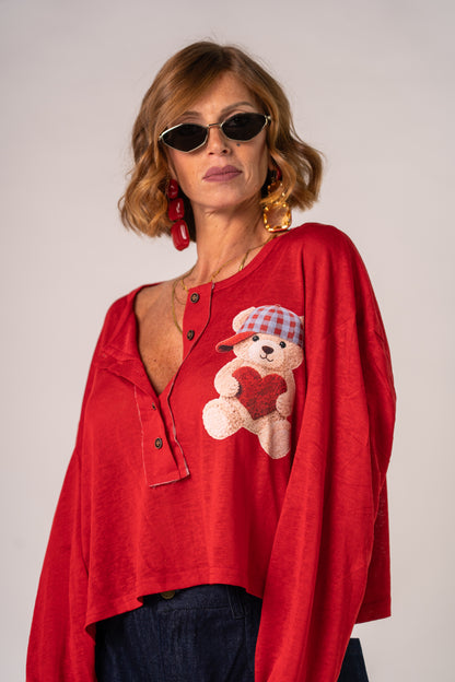 LONG SLEEVE TEDDY BOTTON RED❤️!
